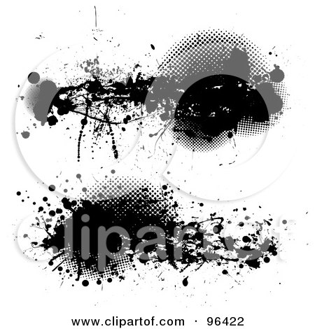 Royalty-Free (RF) Clipart Illustration of a Digital Collage Of Two Grungy Black Ink Splatters Over Halftone Dots by michaeltravers