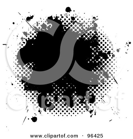 Royalty-Free (RF) Clipart Illustration of a Black Ink Splatter Over Halftone Dots And White by michaeltravers