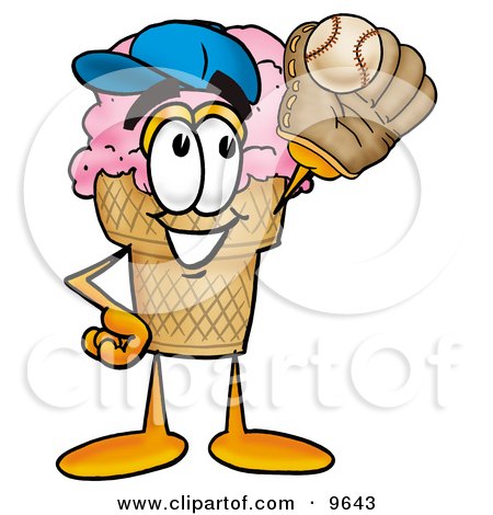 Clipart Picture of an Ice Cream Cone Mascot Cartoon Character Catching a Baseball With a Glove by Mascot Junction