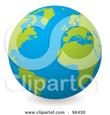 Royalty-Free (RF) Clipart Illustration of a Blue Globe With Green Continents, Centered On The Atlantic by michaeltravers