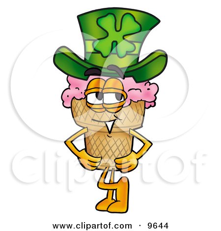 Clipart Picture of an Ice Cream Cone Mascot Cartoon Character Wearing a Saint Patricks Day Hat With a Clover on it by Mascot Junction