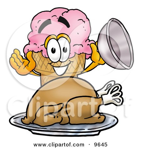 Clipart Picture of an Ice Cream Cone Mascot Cartoon Character Serving a Thanksgiving Turkey on a Platter by Mascot Junction