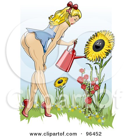 Royalty-Free (RF) Clipart Illustration of a Sexy Blond Pinup Woman Bending Over To Water Sunflowers In Her Garden by r formidable