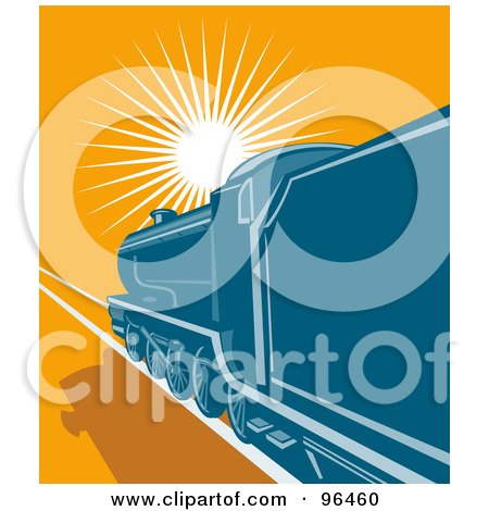 Royalty-Free (RF) Clipart Illustration of a Blue Steam Engine Traveling Towards The Sunset by patrimonio