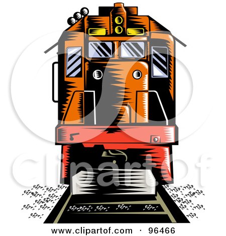 Royalty-Free (RF) Clipart Illustration of an Orange Diesel Locomotive From The Front by patrimonio