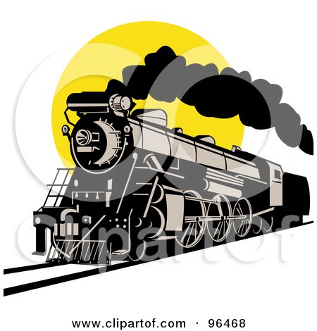 Royalty-Free (RF) Clipart Illustration of a Steam Engine Locomotive Against A Yellow Sun by patrimonio