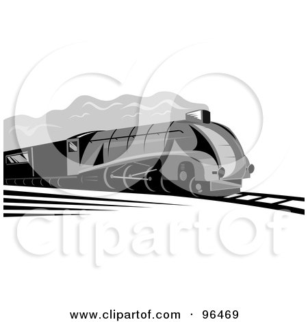 Royalty-Free (RF) Clipart Illustration of a Vintage Gray Steam Engine Train Speeding Down A Track by patrimonio