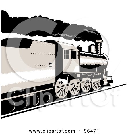 Royalty-Free (RF) Clipart Illustration of a Black And White Steam Locomotive From A Rear Side Angle by patrimonio