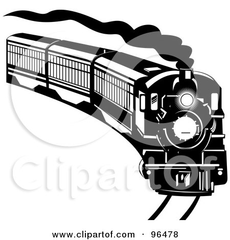 Royalty-Free (RF) Clipart Illustration of a Black And White Steam Train Coming Around A Curve by patrimonio