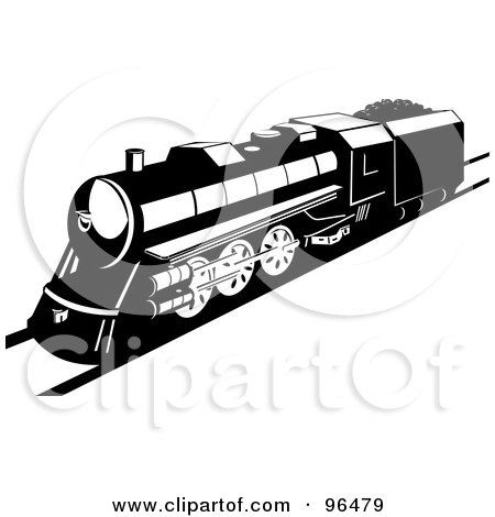 Royalty-Free (RF) Clipart Illustration of a Black And White Steam Engine Stopping On A Straight Track by patrimonio