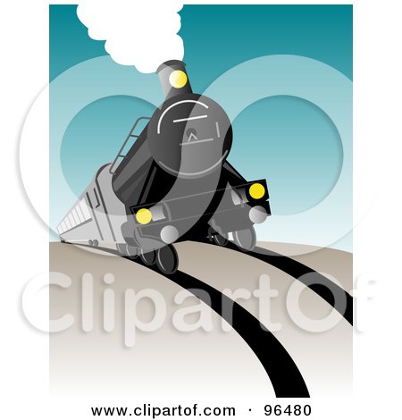 Royalty-Free (RF) Clipart Illustration of a Steam Engine Moving Forward And Coming Over A Hill by patrimonio