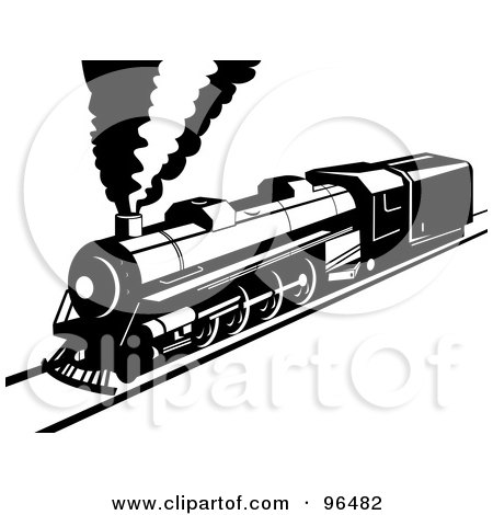 Royalty-Free (RF) Clipart Illustration of a Black And White Steam Train On A Straight Railway by patrimonio