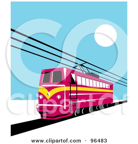 Royalty-Free (RF) Clipart Illustration of a Red Electric Rail Tram Train On A Blue Day by patrimonio