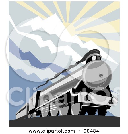 Royalty-Free (RF) Clipart Illustration of a Retro Steam Engine Below The Sun Shining Over Mountains by patrimonio