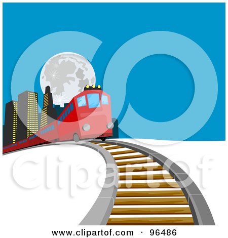 Royalty-Free (RF) Clipart Illustration of a Red Train Passing Buildings And Coming Over A Hill by patrimonio