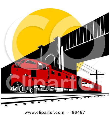 Royalty-Free (RF) Clipart Illustration of a Red Diesel Train Passing Under A Bridge Against The Sun by patrimonio