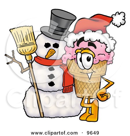Clipart Picture of an Ice Cream Cone Mascot Cartoon Character With a Snowman on Christmas by Mascot Junction