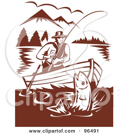 Royalty-Free (RF) Clipart Illustration of a Brown Scene Of A Fisherman In A Boat, Reeling In A Fish On A Mountainous Lake by patrimonio