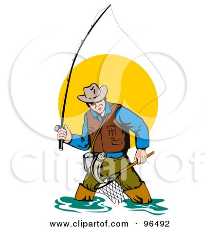 Royalty-Free (RF) Clipart Illustration of a Wading Fly Fisherman With A Net And Pole Against The Sun by patrimonio