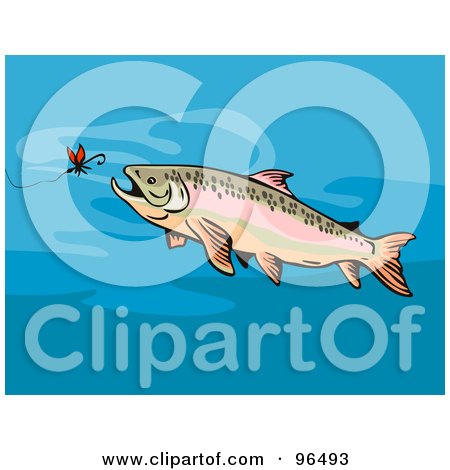 Royalty-Free (RF) Clipart Illustration of a Trout Chasing After Bait On A Hook by patrimonio