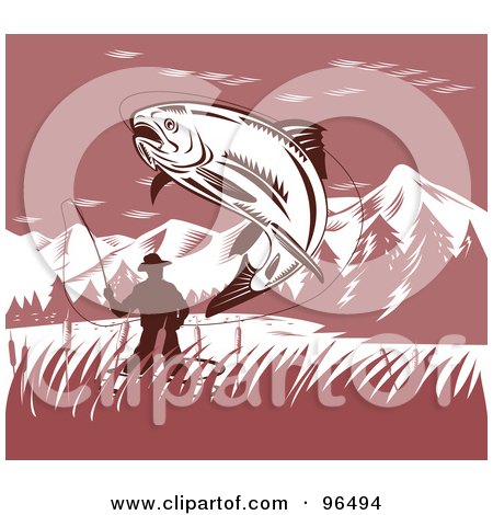 Royalty-Free (RF) Clipart Illustration of a Leaping Trout Caught On A Fisherman's Hook by patrimonio
