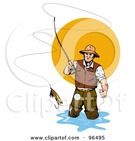 Royalty-Free (RF) Clipart Illustration of a Fly Fisherman Casting The Bait by patrimonio