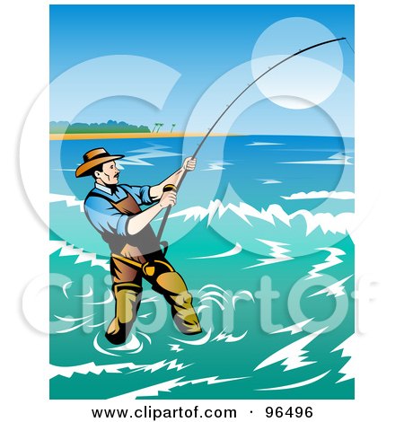 Royalty-Free (RF) Clipart Illustration of a Fisherman Casting His Line In The Coastal Surf by patrimonio
