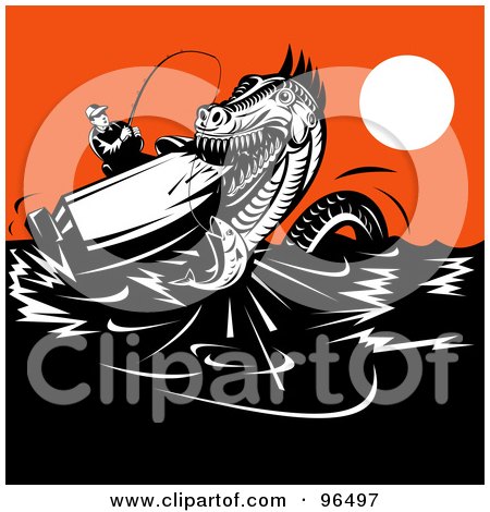Royalty-Free (RF) Clipart Illustration of a Sea Monster Attacking A Fisherman's Boat by patrimonio