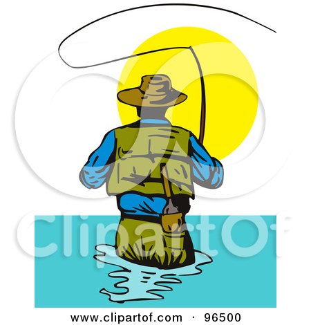 Royalty-Free (RF) Clipart Illustration of a Rear View Of A Fly Fisherman Casting His Line Against The Sun by patrimonio