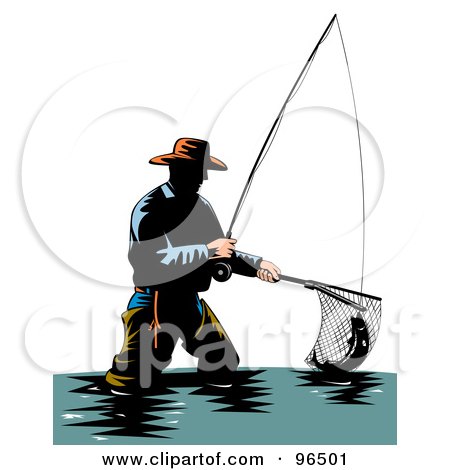 Royalty-Free (RF) Clipart Illustration of a Wading Fisherman Scooping Up A Fish With A Net by patrimonio