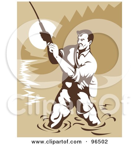 Royalty-Free (RF) Clipart Illustration of a Strong Fisherman Wading In A River And Reeling In His Catch by patrimonio