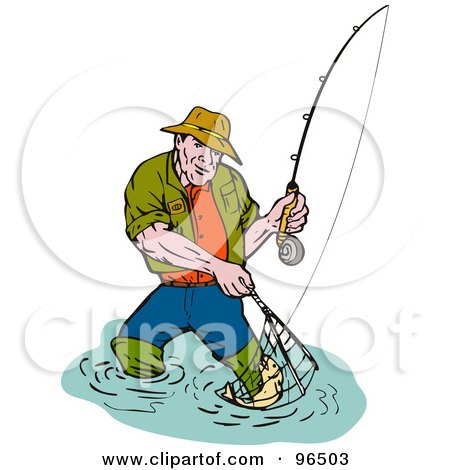 Royalty-Free (RF) Clipart Illustration of a Fishing Man Scooping Up A Fish In A Net by patrimonio