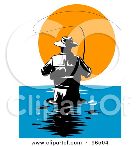 Royalty-Free (RF) Clipart Illustration of a Rear View Of A Wading Fly Fisherman Against The Sunset by patrimonio