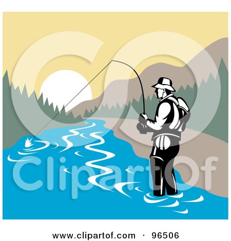 Royalty-Free (RF) Clipart Illustration of a Fisherman Wading In A Mountainous River by patrimonio