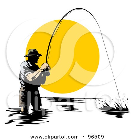 Royalty-Free (RF) Clipart Illustration of a Wading Fisherman Reeling In A Strong Fish At Sunset by patrimonio