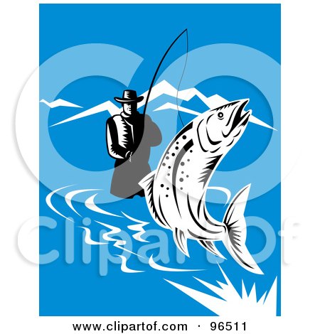 Royalty-Free (RF) Clipart Illustration of a Wading Fisherman Reeling In A Leaping Trout In A River by patrimonio