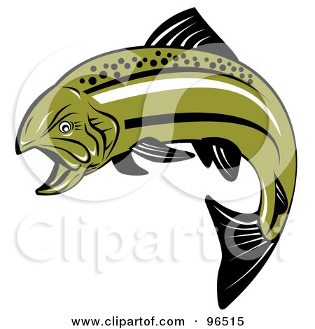 Royalty-Free (RF) Clipart Illustration of a Leaping Green Angry Trout Fish by patrimonio