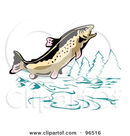 Royalty-Free (RF) Clipart Illustration of a Leaping Trout In A Mountainous Lake Or River by patrimonio