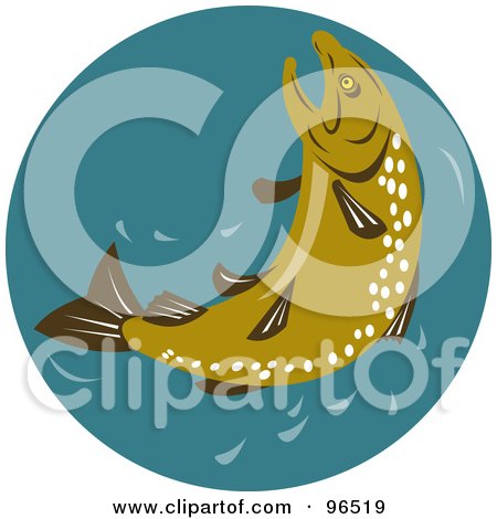 Royalty-Free (RF) Clipart Illustration of an Olive Green Trout Jumping Out Of Teal Water by patrimonio