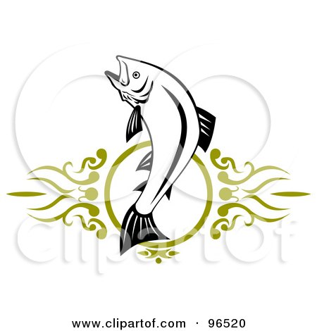Royalty-Free (RF) Clipart Illustration of a Leaping Black And White Trout Over A Green Design by patrimonio