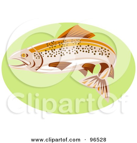 Royalty-Free (RF) Clipart Illustration of a Swimming Brown Trout Fish Over A Green Oval by patrimonio