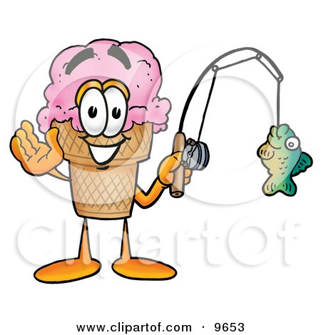 Clipart Picture of an Ice Cream Cone Mascot Cartoon Character Holding a Fish on a Fishing Pole by Mascot Junction
