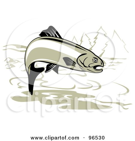 Royalty-Free (RF) Clipart Illustration of a Brown Cut Throat Trout Fish Jumping Out Of A River by patrimonio