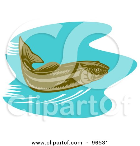 Royalty-Free (RF) Clipart Illustration of a Green Trout Speeding Through Blue Water by patrimonio