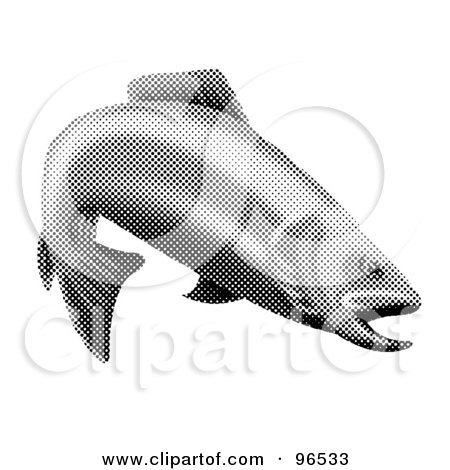 Royalty-Free (RF) Clipart Illustration of a Halftone Grayscale Diving Trout Fish by patrimonio