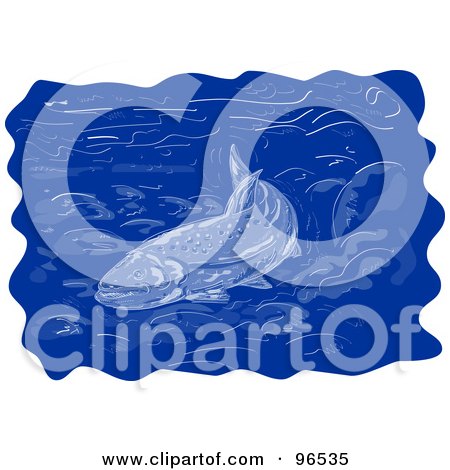 Royalty-Free (RF) Clipart Illustration of a Blue Trout Swimming In Blue Water by patrimonio