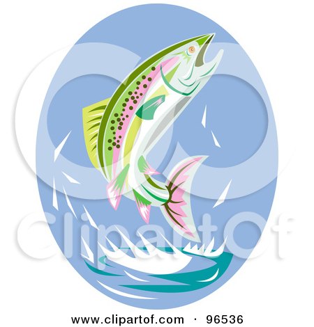 Royalty-Free (RF) Clipart Illustration of a Colorful Leaping Trout Over A Blue Oval by patrimonio
