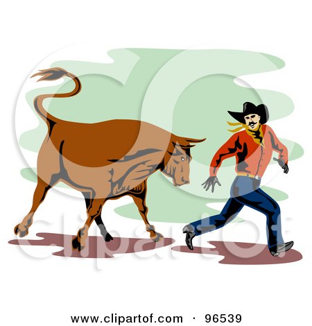 Royalty-Free (RF) Clipart Illustration of a Rodeo Bull Chasing A Running Cowboy by patrimonio