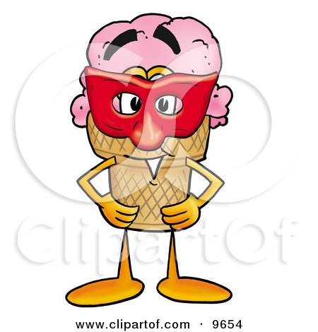 Clipart Picture of an Ice Cream Cone Mascot Cartoon Character Wearing a Red Mask Over His Face by Mascot Junction