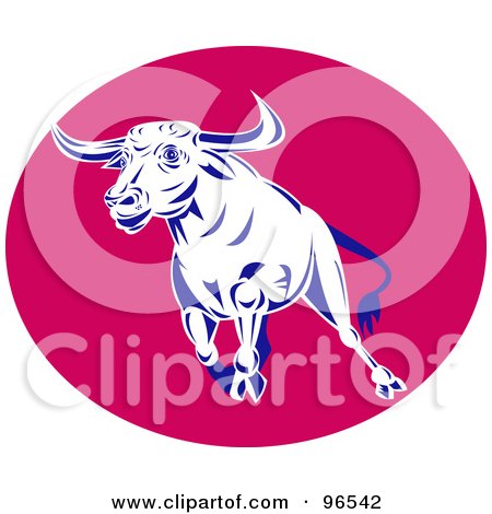 Royalty-Free (RF) Clipart Illustration of a Blue And White Running Bull Over A Pink Oval by patrimonio